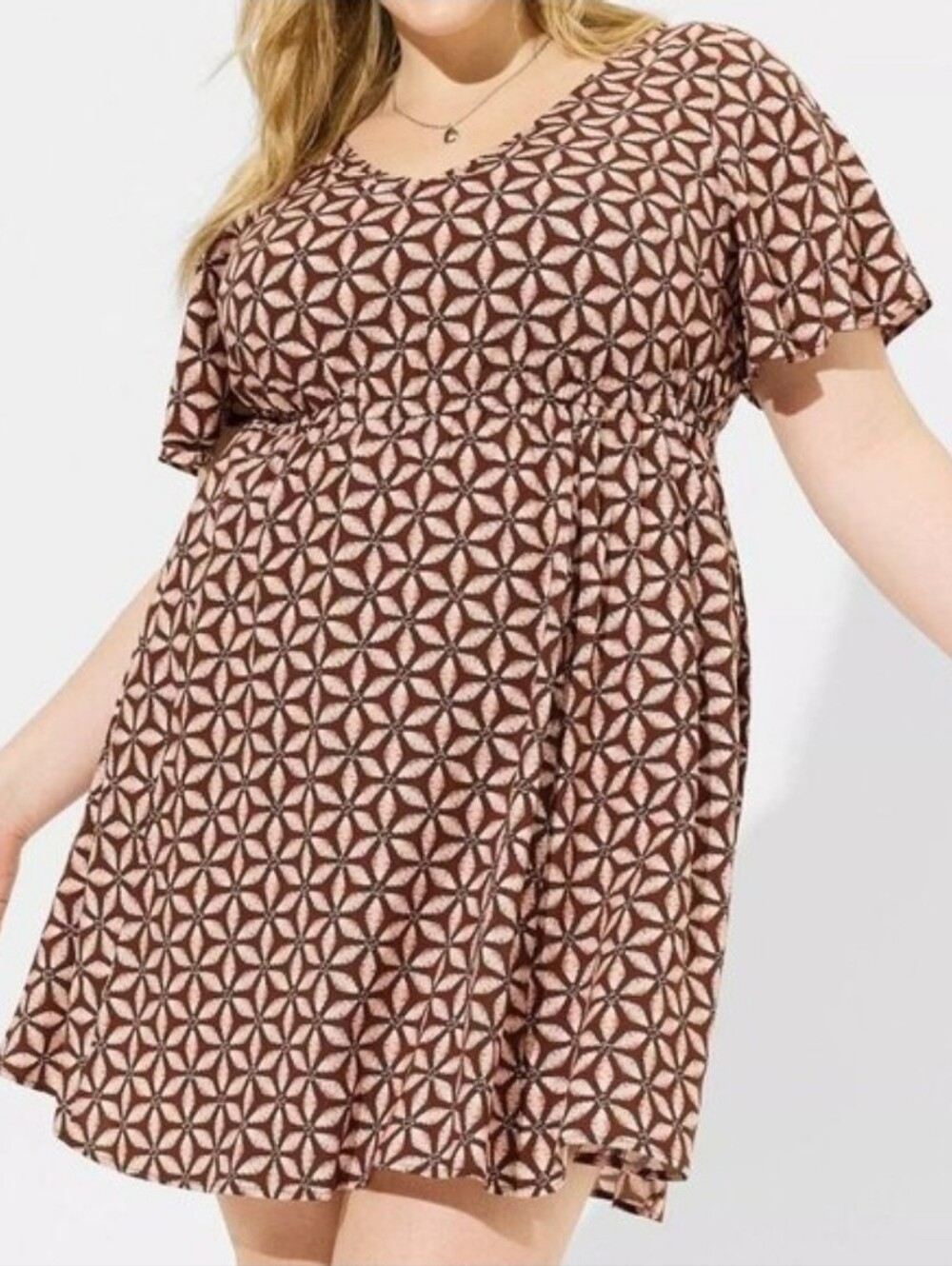 Torrid Brown cream Geometric A-Line V-Neck Flutter Sleeve Dress Pockets Sz 0 / L
